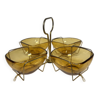 Vintage Aperitif Tray by Vereco Amber Glass and Gold Metal ⎥ 1970s