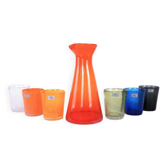 Colourful set of glasses and carafe, Scherzer Bavaria, 1980s, made in Germa