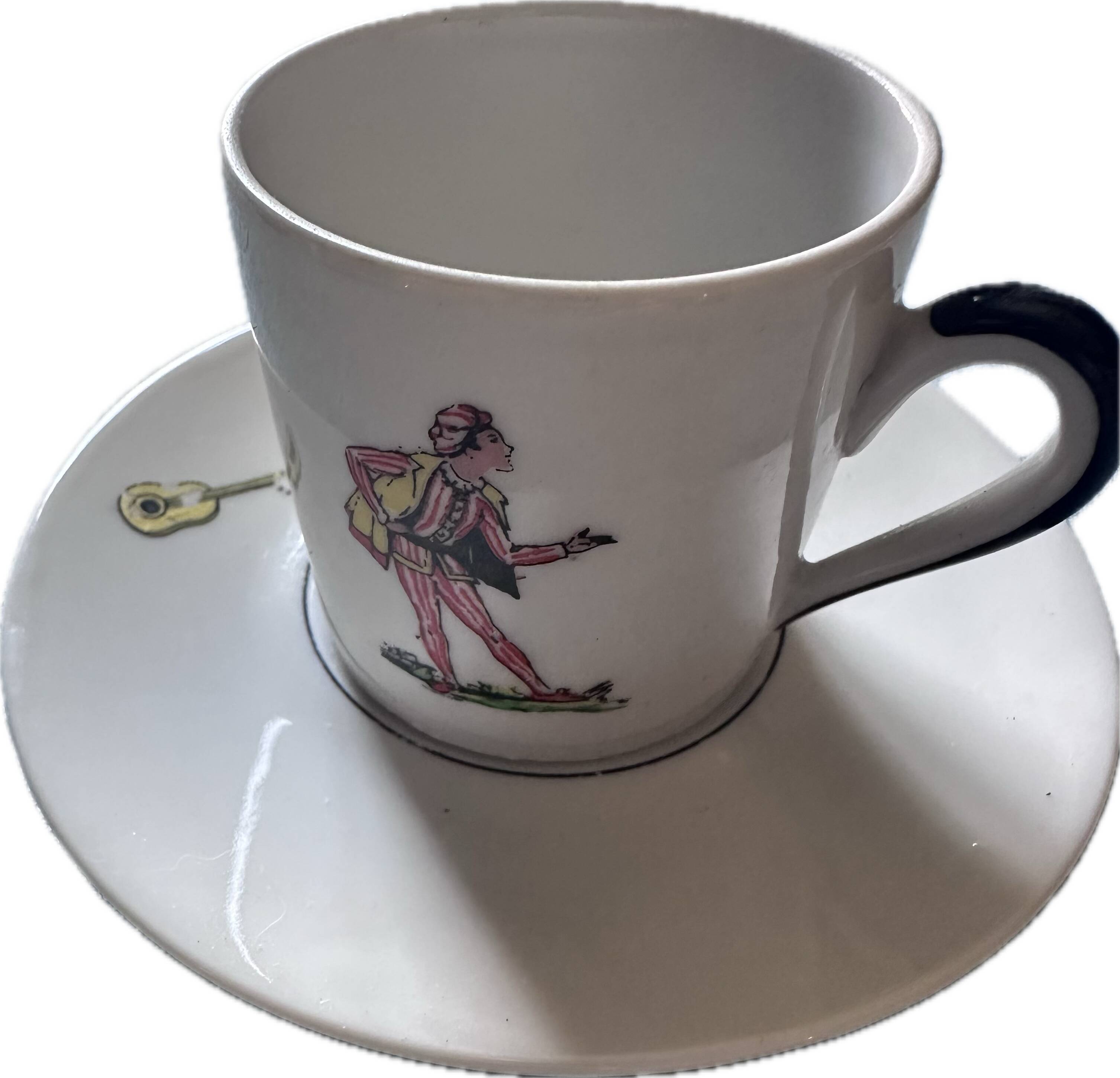 Lot de 4 tasses et soucoupes anciennes, décor Arlequin