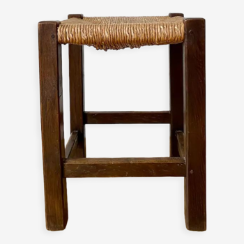 Tabouret bois et paille ancien