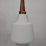 Scandinavian pendant light in opaline and teak, around 1960.