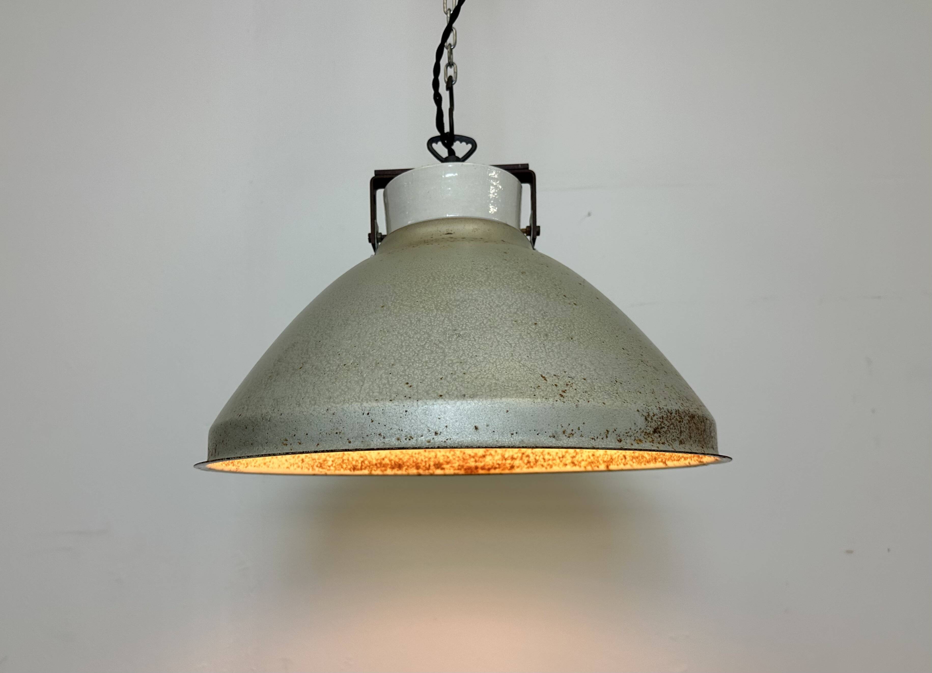 Grey metal industrial factory hanging lamp, 1960s