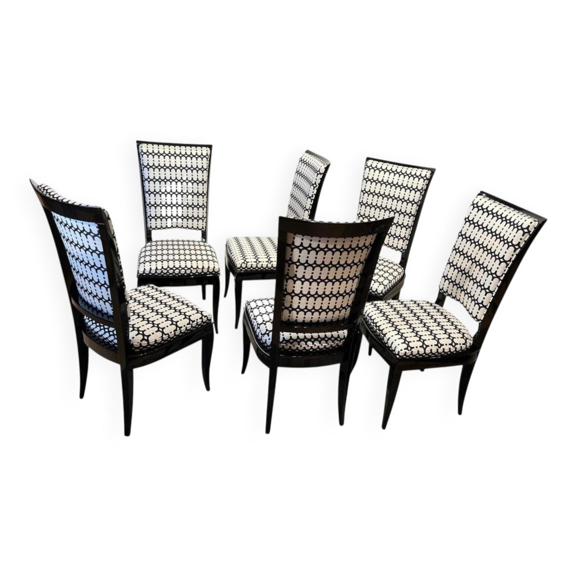 Art Deco High Back Black Lacquered Dining Chairs, France, 1930s, Set of 6
