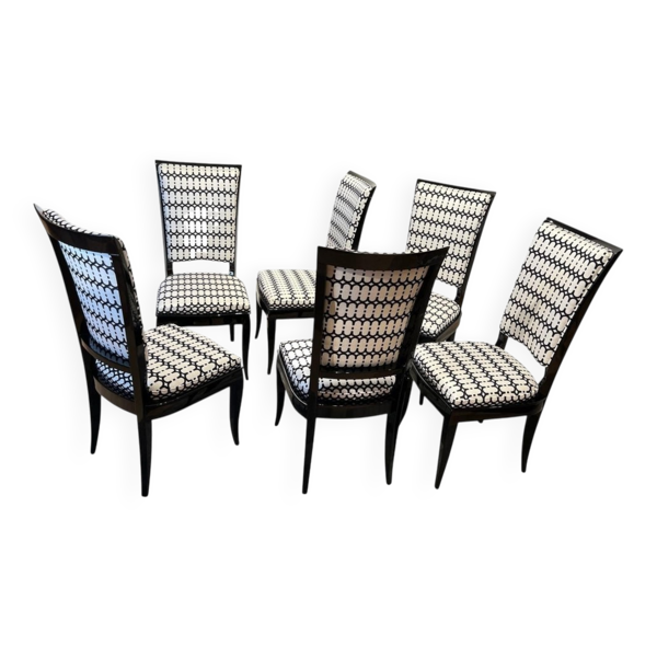 Chaises de salle à manger Art Déco à dossier haut en laque noire, France, années 1930, ensemble de 6.