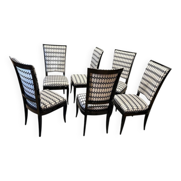 Chaises de salle à manger Art Déco à dossier haut en laque noire, France, années 1930, ensemble de 6.