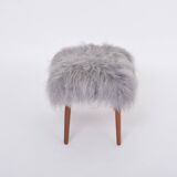 Danish Mid-century Modern stool reupholstered in grey sheep skin