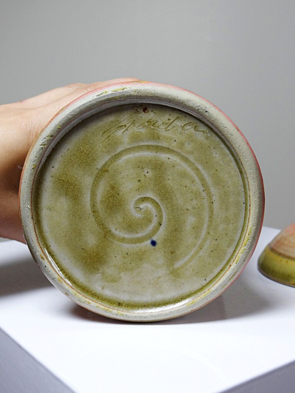 Decorative spice box in vintage two-tone glazed stoneware, handmade and signed.