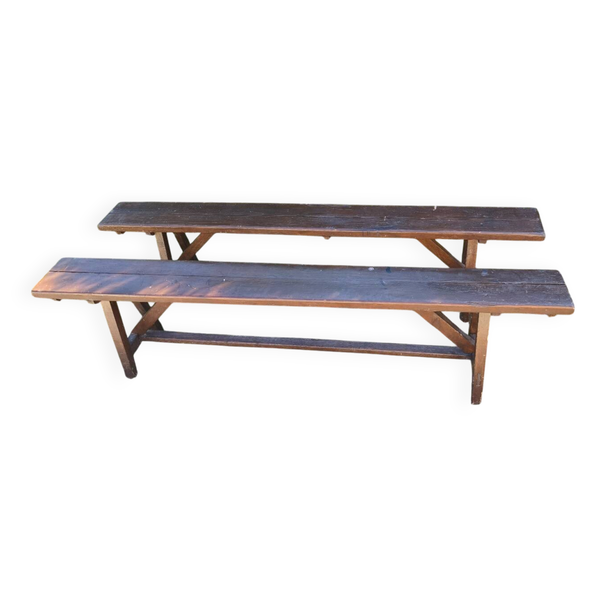 Pair of rustic antique long benches in solid wood – 195 cm