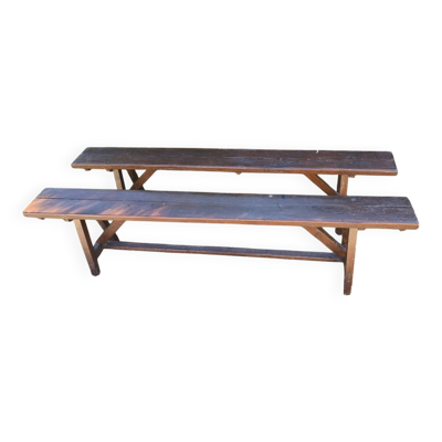 Paire de longs bancs anciens rustiques en bois massif – 195 cm