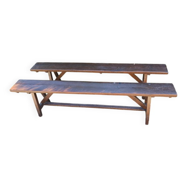 Paire de longs bancs anciens rustiques en bois massif – 195 cm