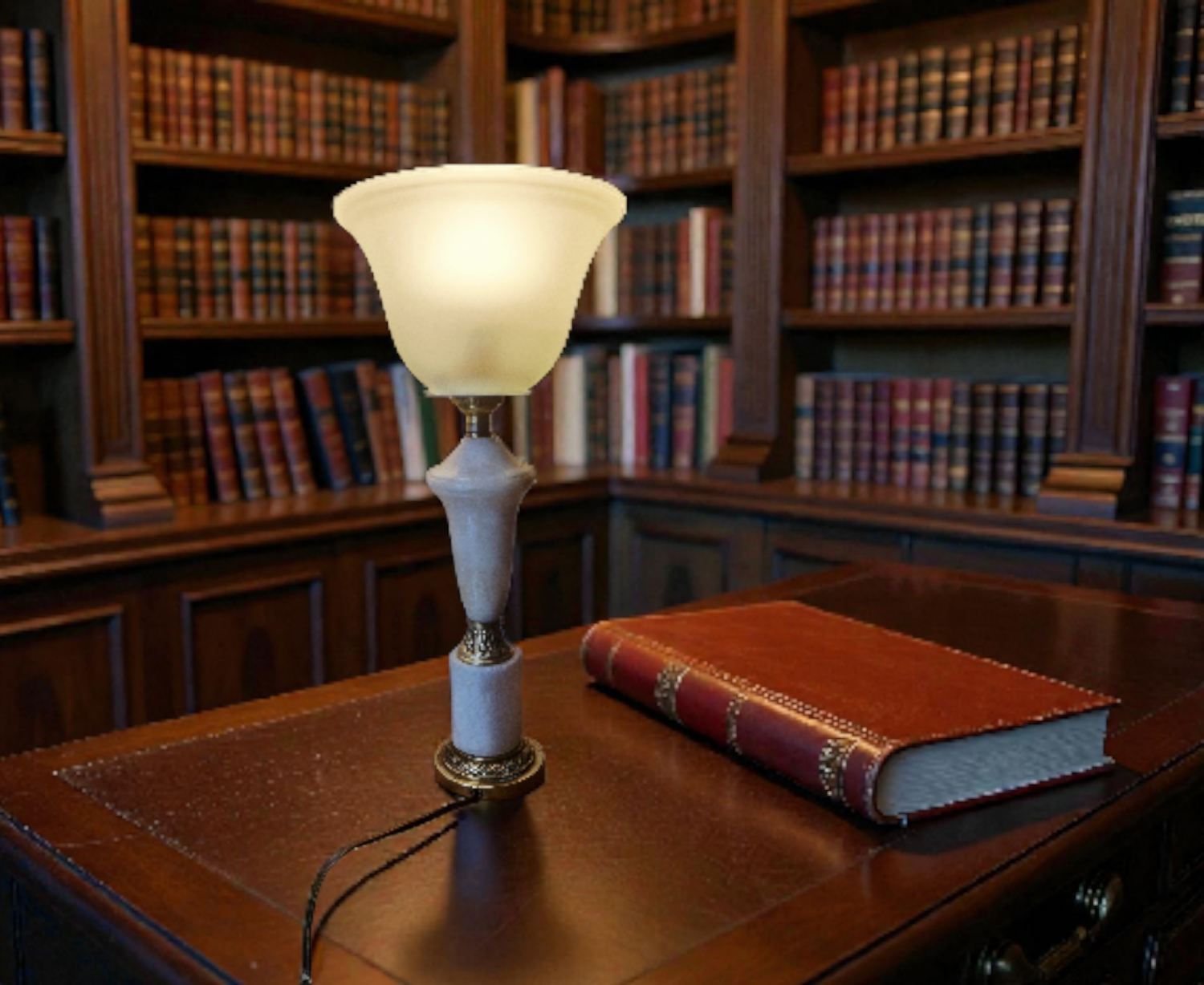 Neo-Empire style table lamp in alabaster and brass - V-shaped tulip shade