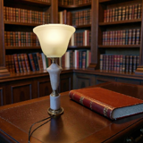 Neo-Empire style table lamp in alabaster and brass - V-shaped tulip shade