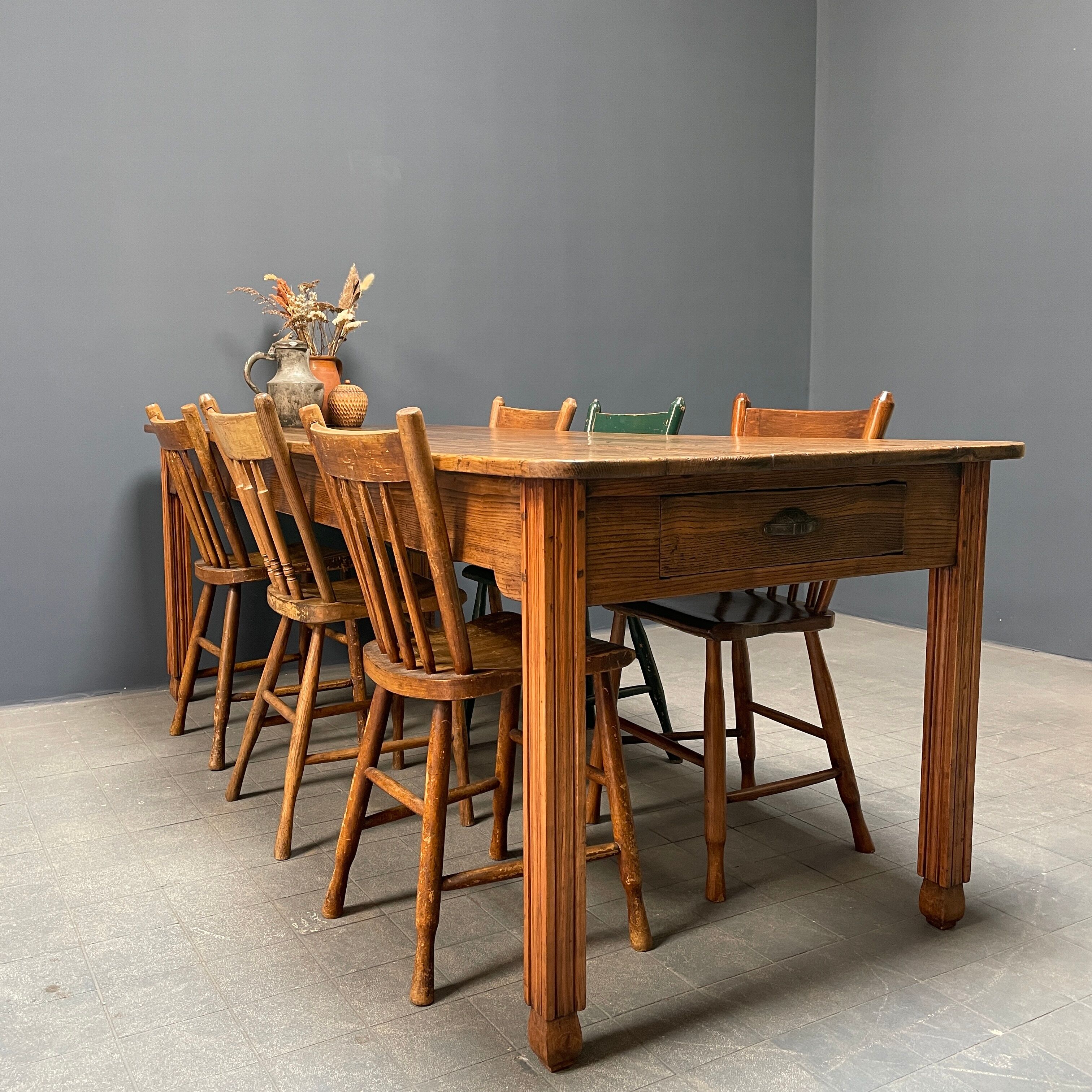 Large oak farmhouse table from France, early 1900s