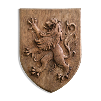 Lion of Flanders wooden coat of arms plaque.