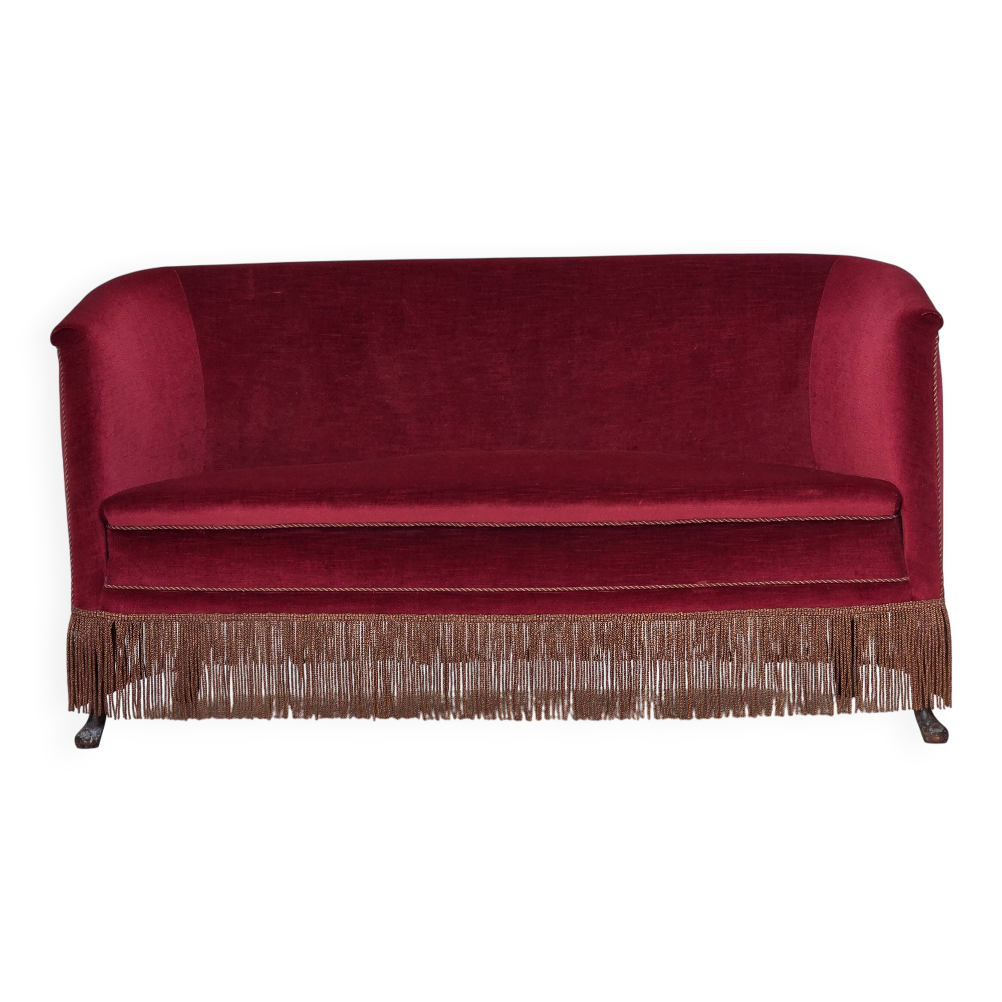 1960s, Danish 2-seater sofa, red furniture velour, ash wood legs.