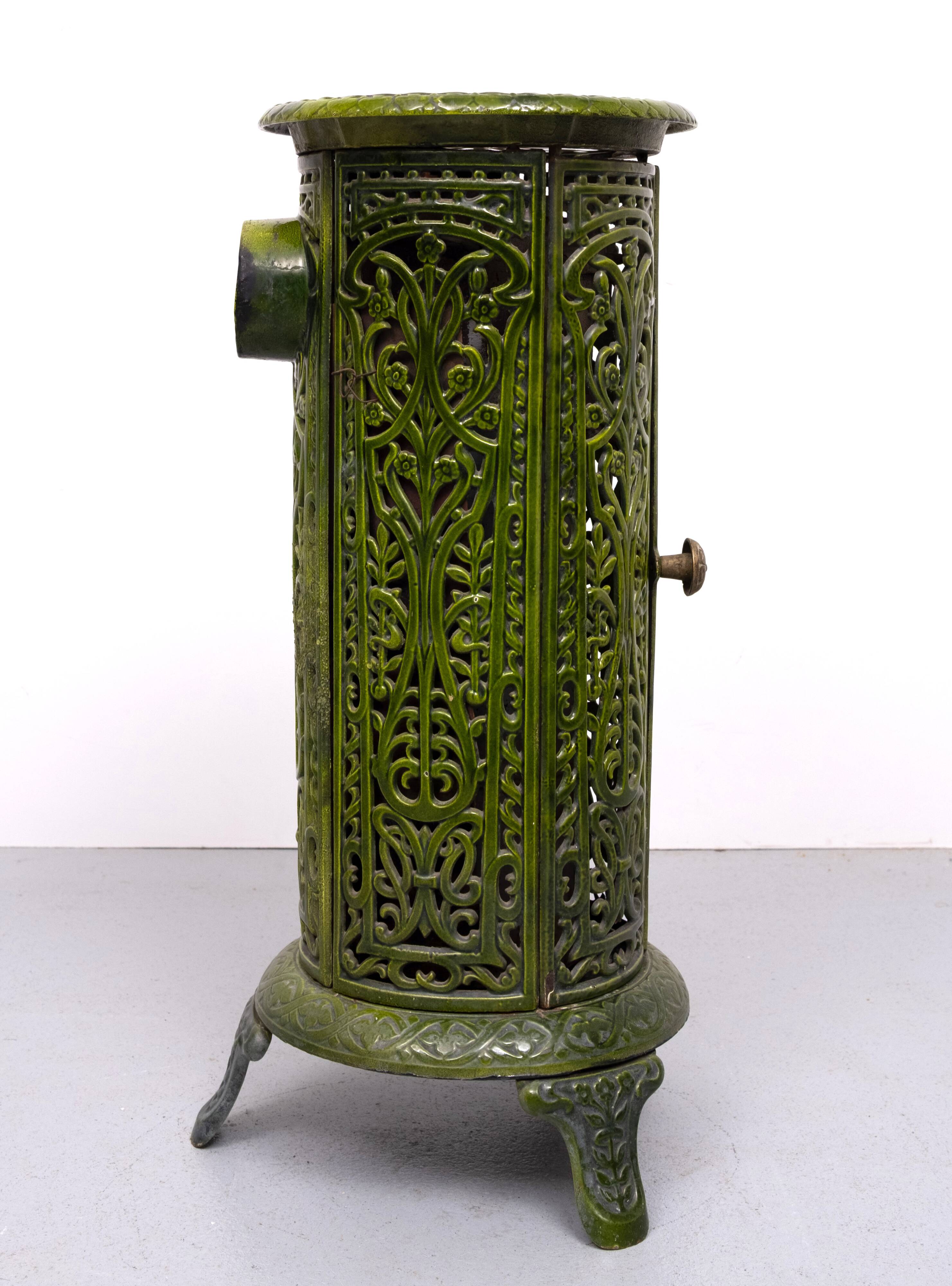 19th Century French Green Enameled Cast Iron Heater Stove