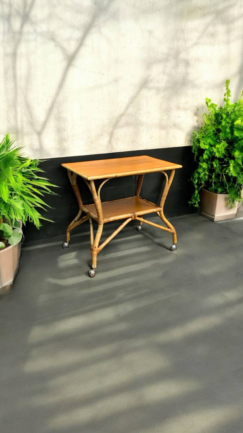 Vintage rattan and oak serving trolley 1960