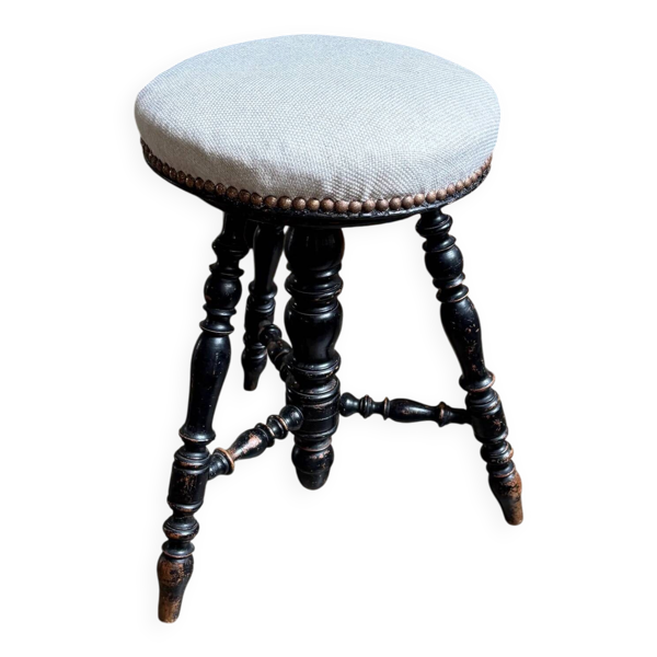 Tabouret de piano Napoléon III ajustable en bois noir et coton beige