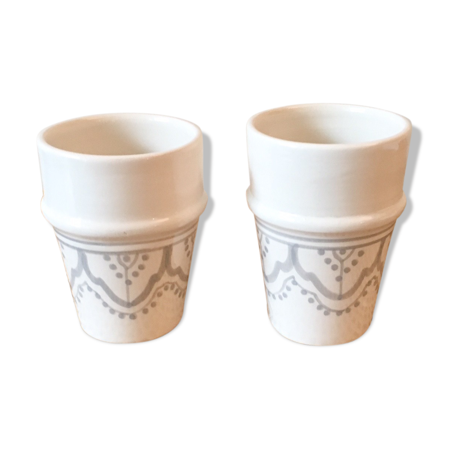 Lot of 2 ceramic cups grey Berber motifs