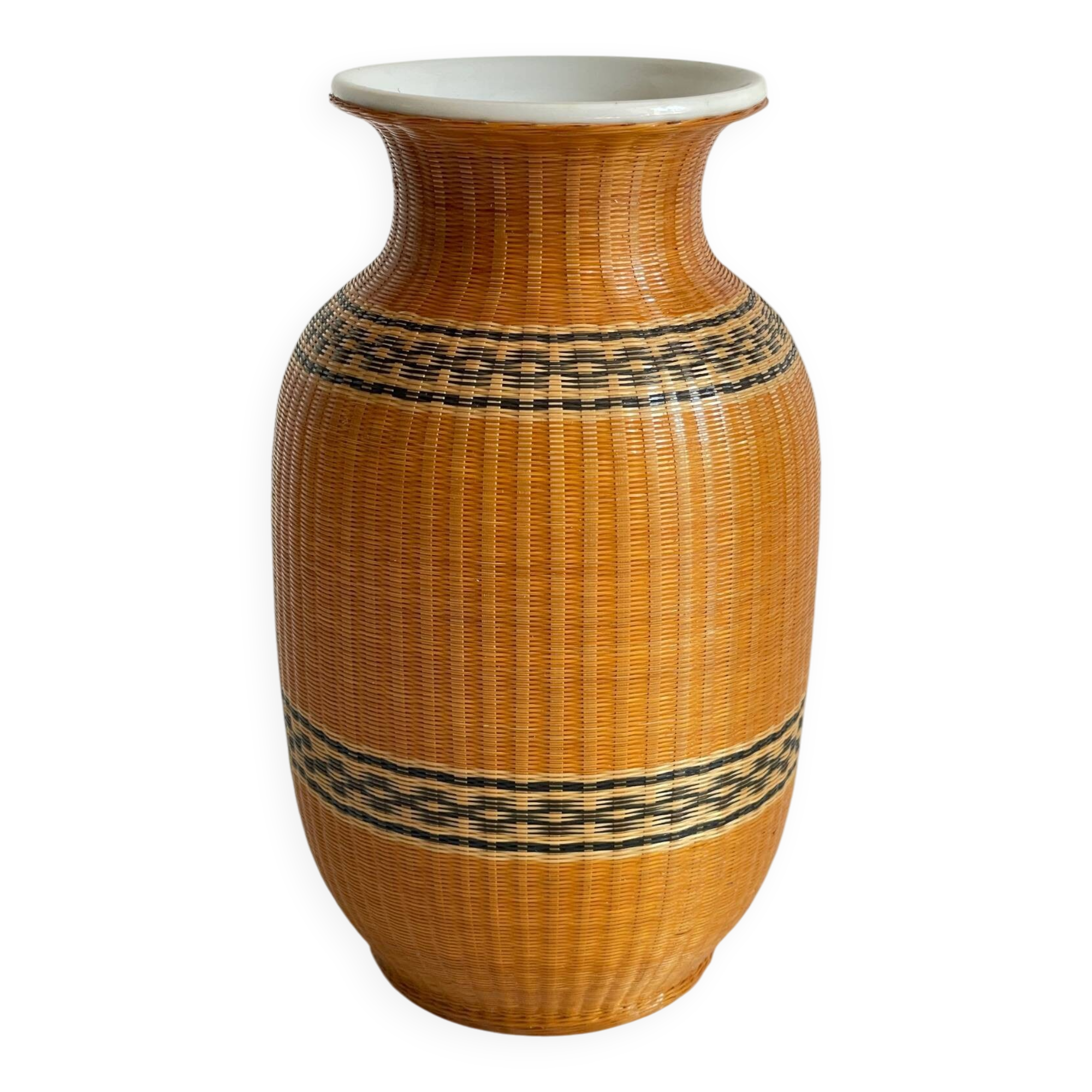 VINTAGE Woven Bamboo Porcelain Vase