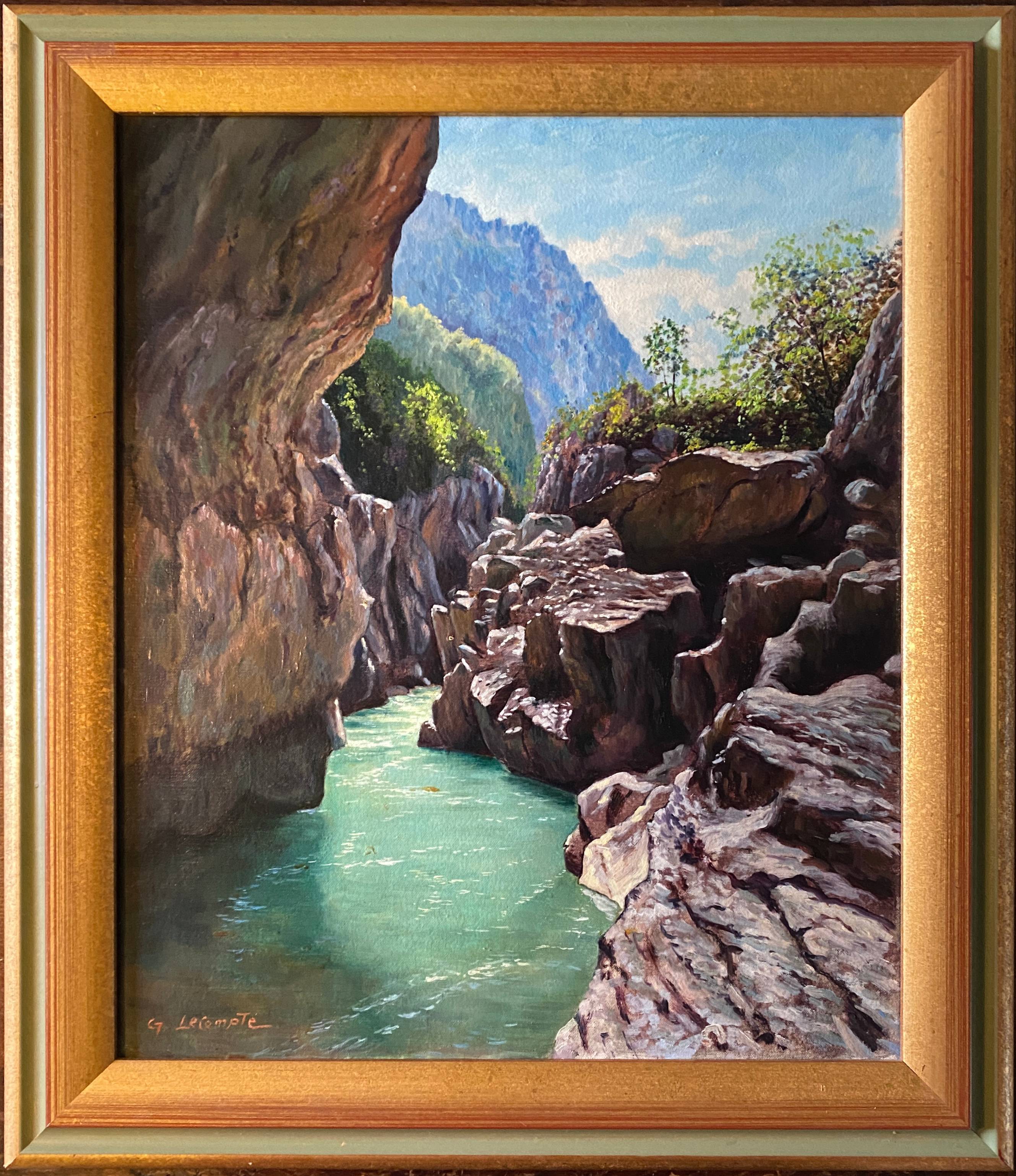 HST painting "Grand canyon of the Verdon Gorges" signed Lecompte + frame