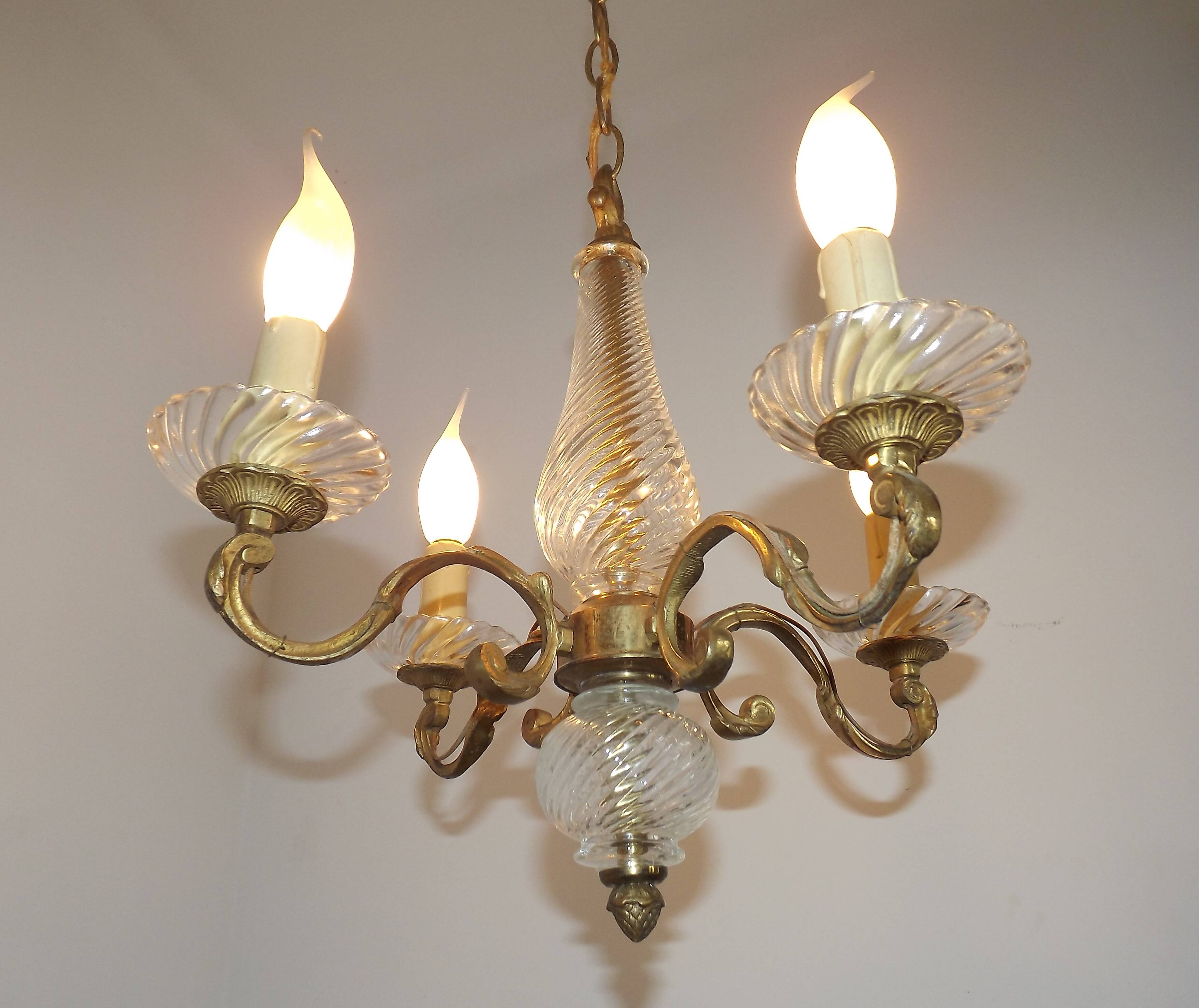 Mid-Century Bronze & Cut Glass 4-Light Chandelier with Fleur-de-Lys Detail