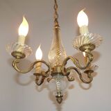 Mid-Century Bronze & Cut Glass 4-Light Chandelier with Fleur-de-Lys Detail