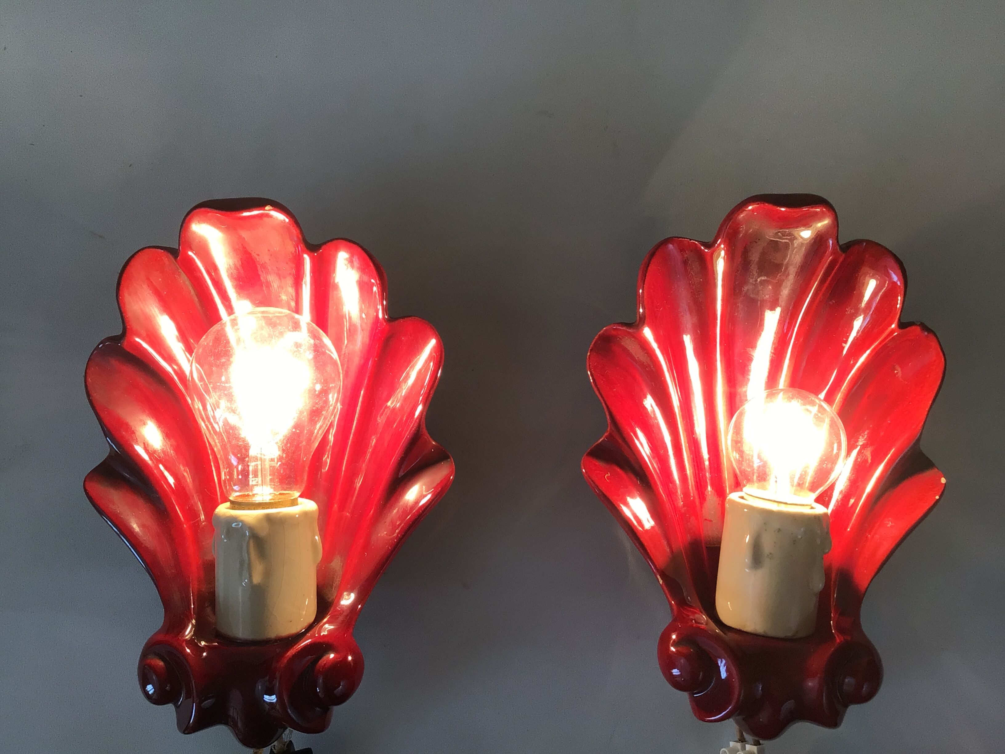 Pair of vintage shell ceramic wall lamps