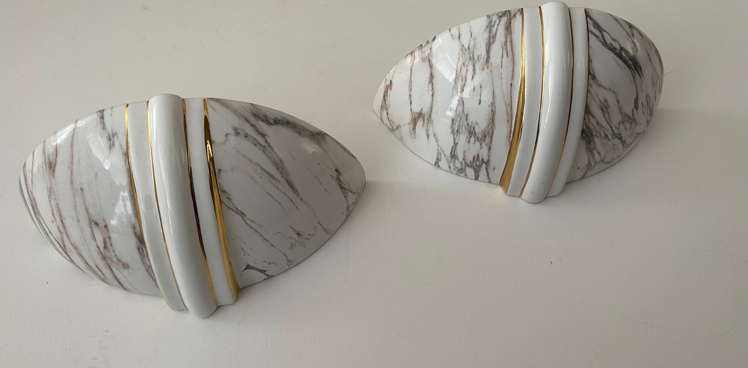 Pair of vintage marbled and gilded porcelain sconces, France 1970