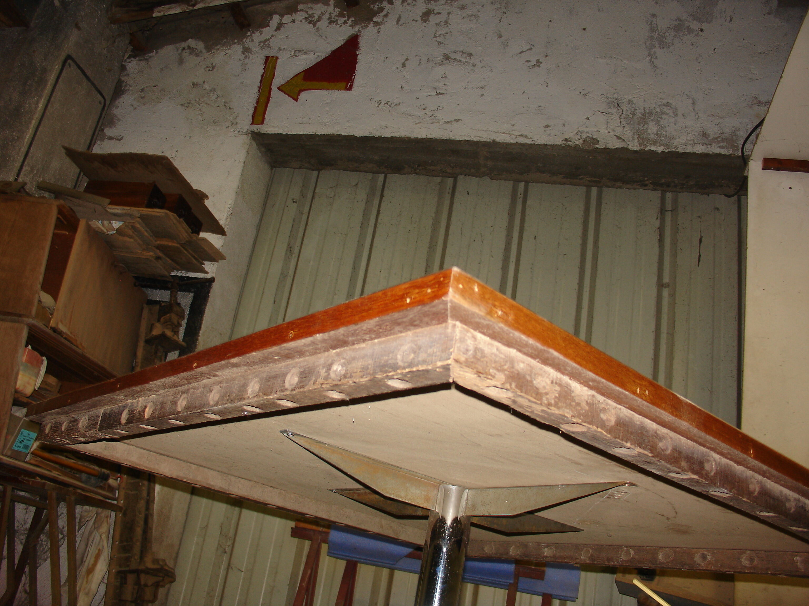 Square table in solid wood mosaic with chrome base, circa 1970