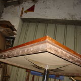 Square table in solid wood mosaic and foot chrome around 1970