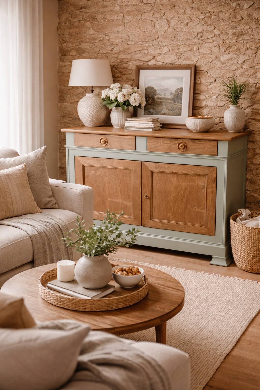 Buffet made of natural wood and bronze green.