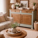 Buffet made of natural wood and bronze green.