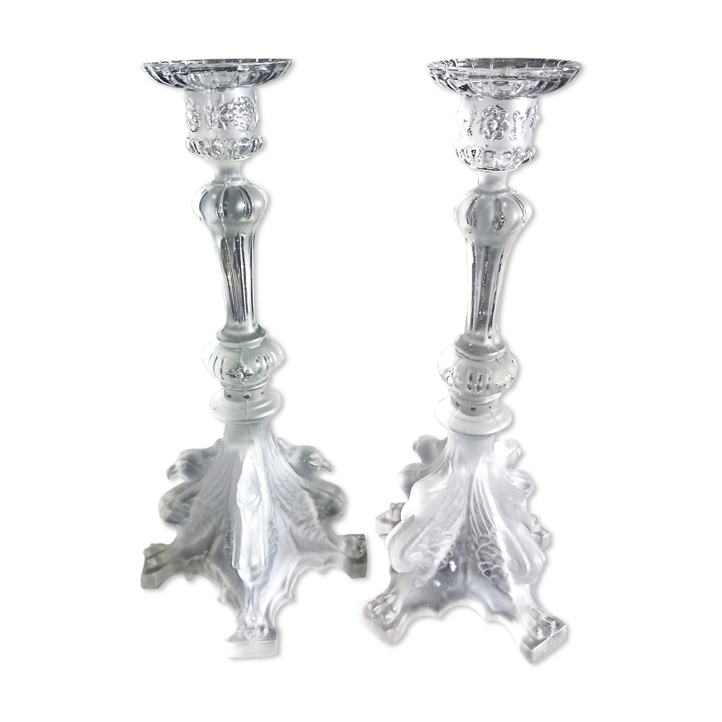 Pair of pressed molded glass candlesticks from Val St Lambert model Griffon