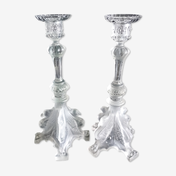 Pair of pressed molded glass candlesticks from Val St Lambert model Griffon