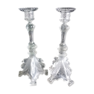 Pair of pressed molded glass candlesticks from Val St Lambert model Griffon