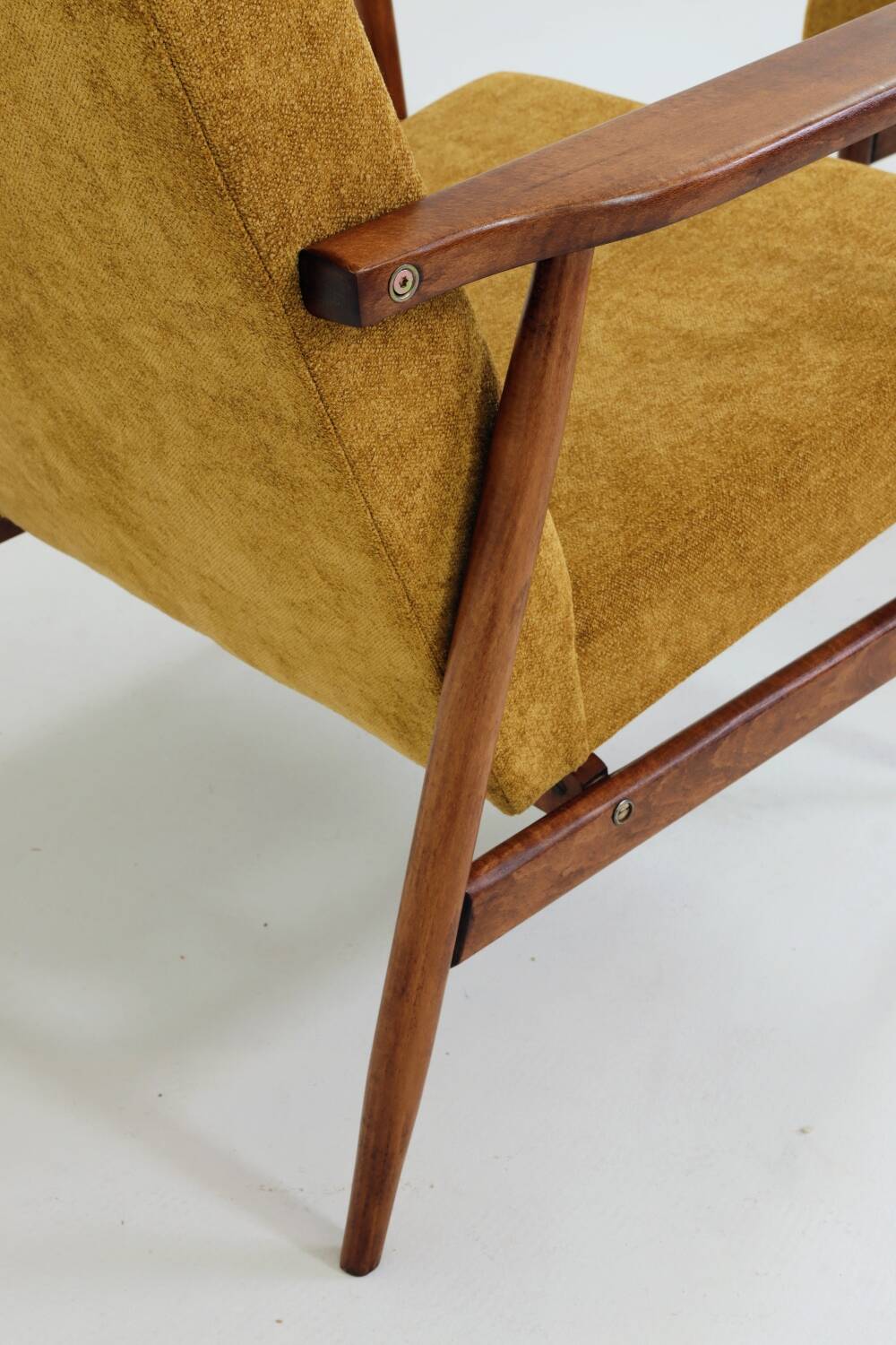 Vintage armchair model, golden yellow fabric, fully refurbished