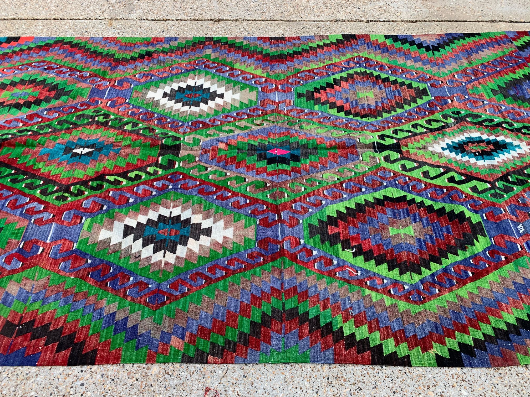 Vintage Turkish Kilim 340x183 cm wool kelim rug Large Purple, Green, Black, Blue