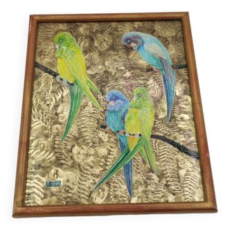 Oiseaux Peinture sur cuivre P. RAFFY 1949