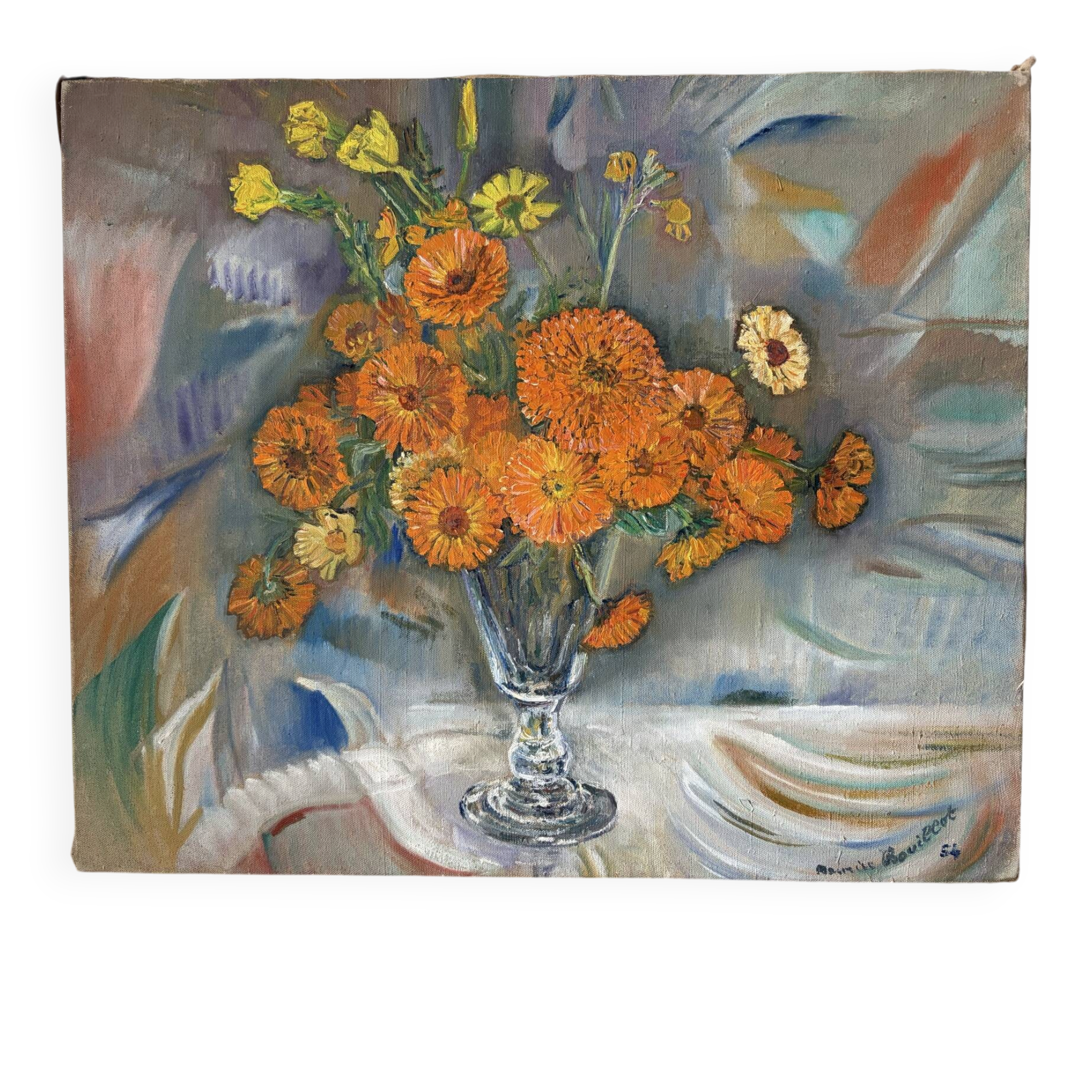 Bouquet of marigolds, oil on canvas signed Maurice Bouillot 1954