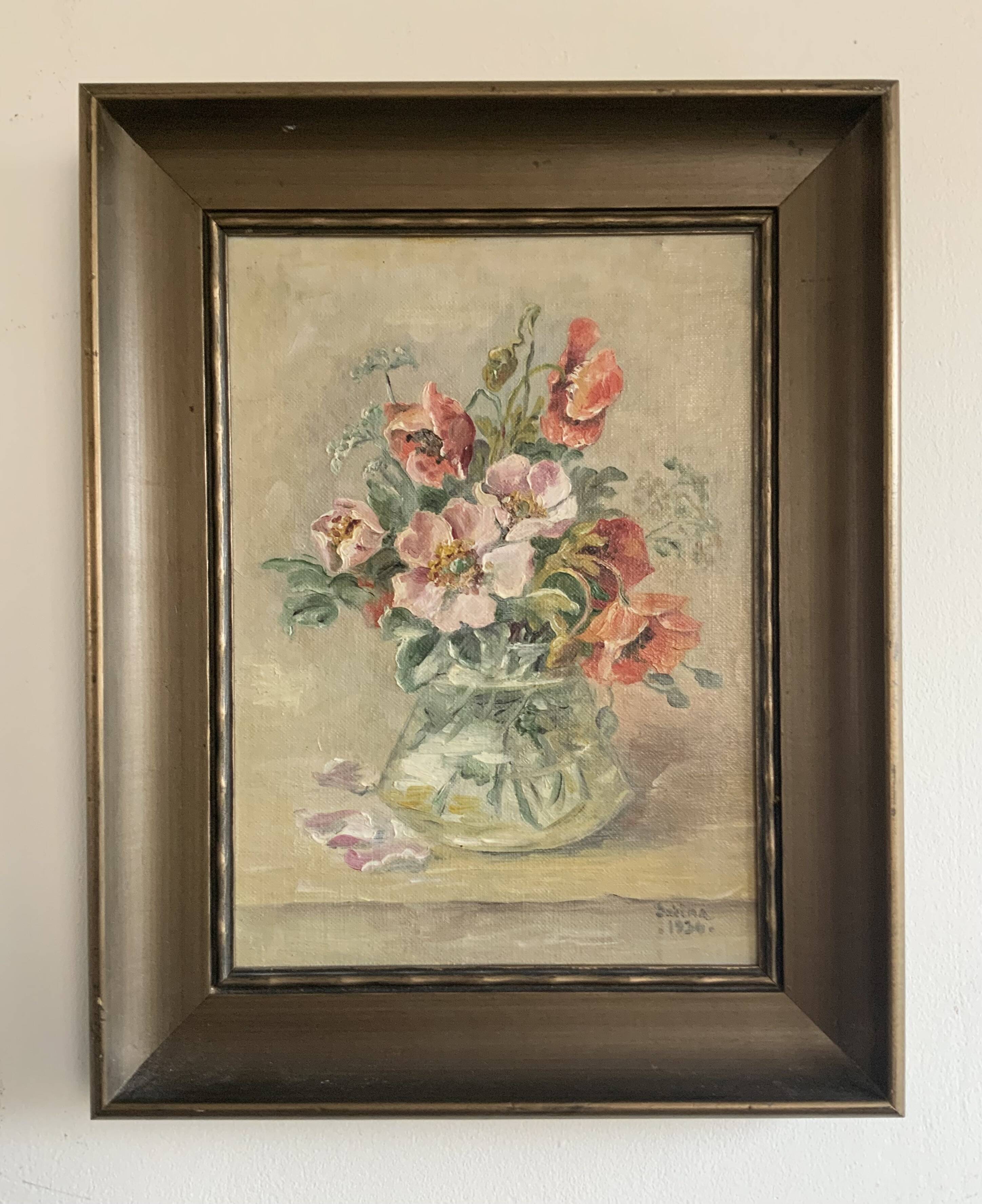 Antique oil painting still life with flowers 1936, signed