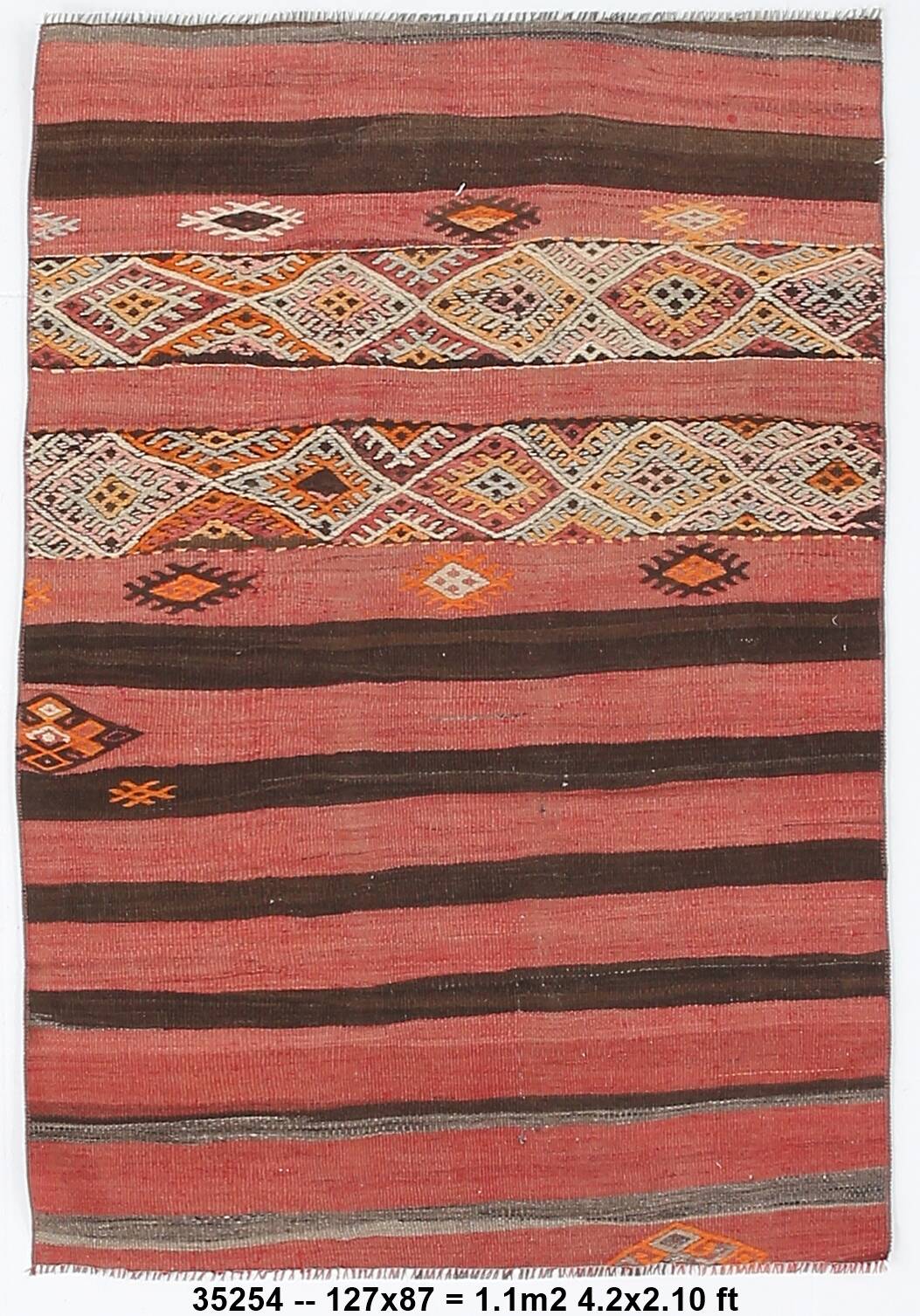 Turkish Red & Brown Striped Vintage Kilim Rug, 87x127Cm