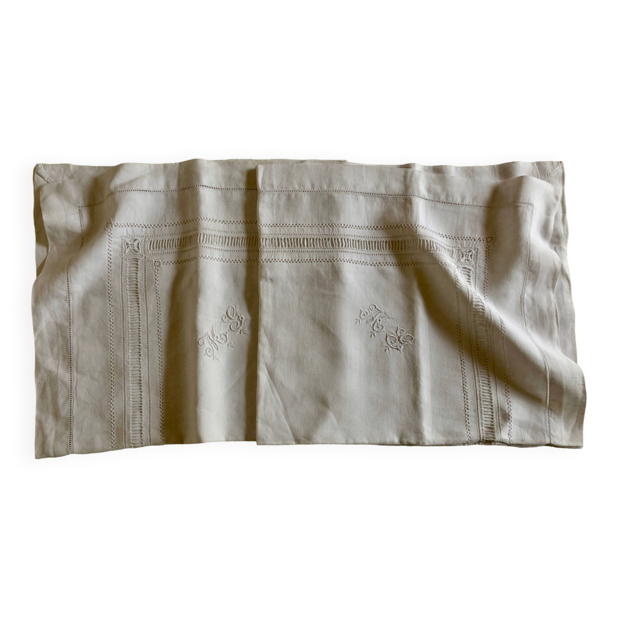 Pair of 19th century trousseau pillowcases in Louis Philippe linen thread