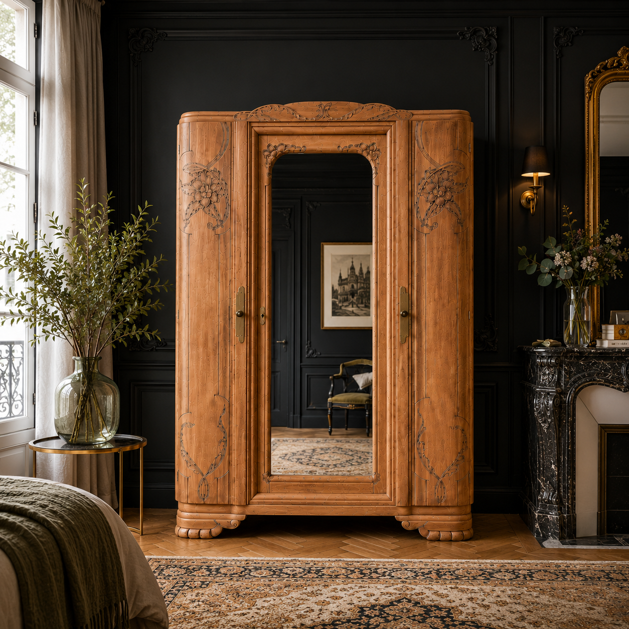 Art Deco wardrobe with bevelled mirror in solid raw walnut.