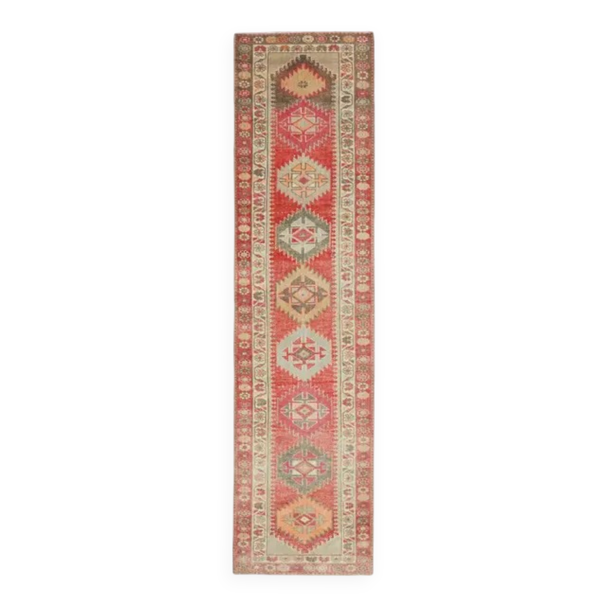 1970s Vintage Turkish Hand-Knotted Wool Cotton Red Runner Rug 82x334