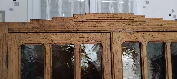 Parisian glass-fronted cabinet, Art Deco vintage bookshelf, solid oak furniture.