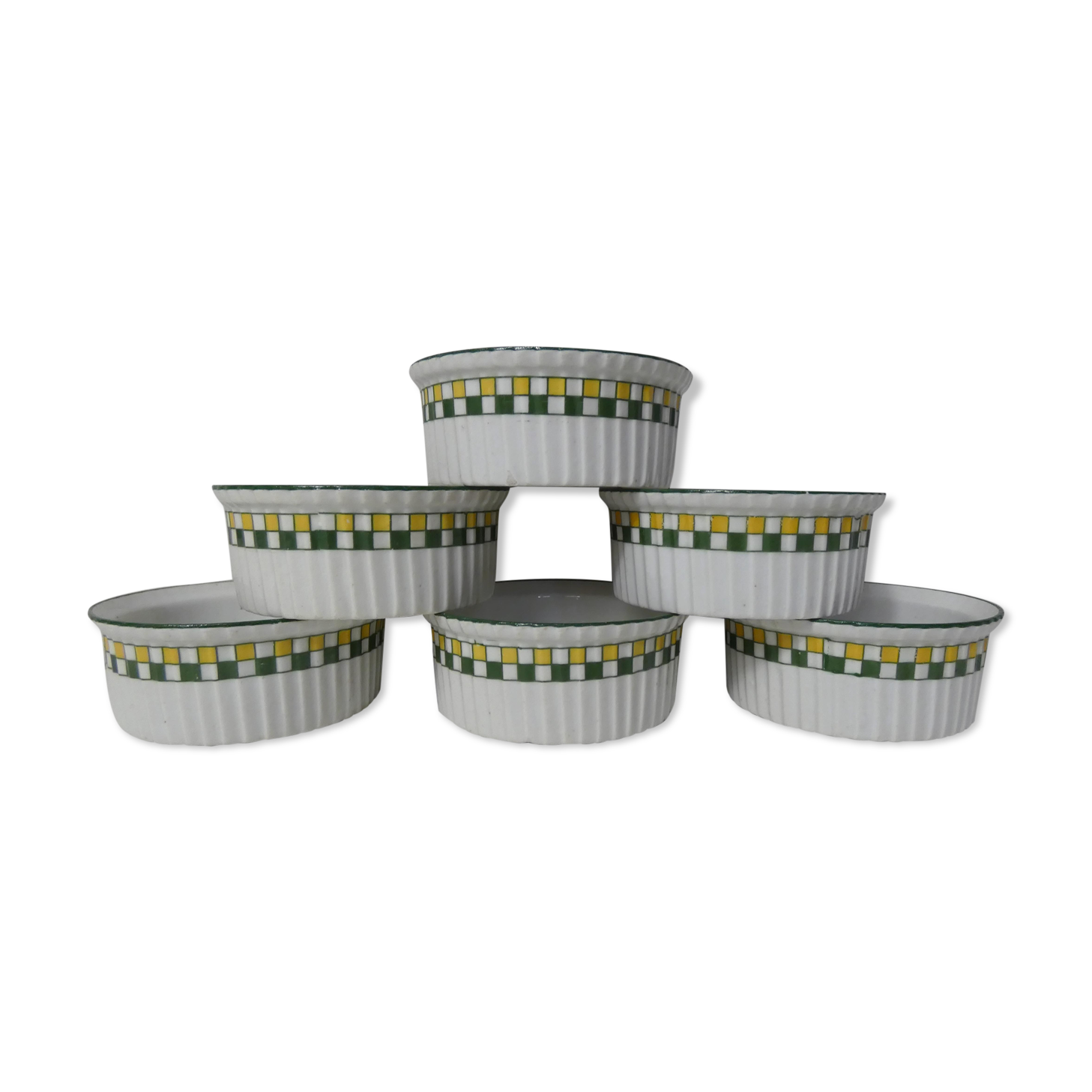 6 old ramekins porcelain checkerboard decoration
