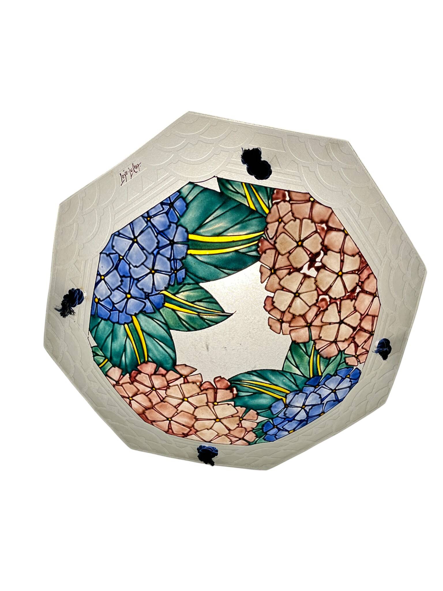 Art déco, suspension verre émaillé signée Loÿs Lucha vers 1930