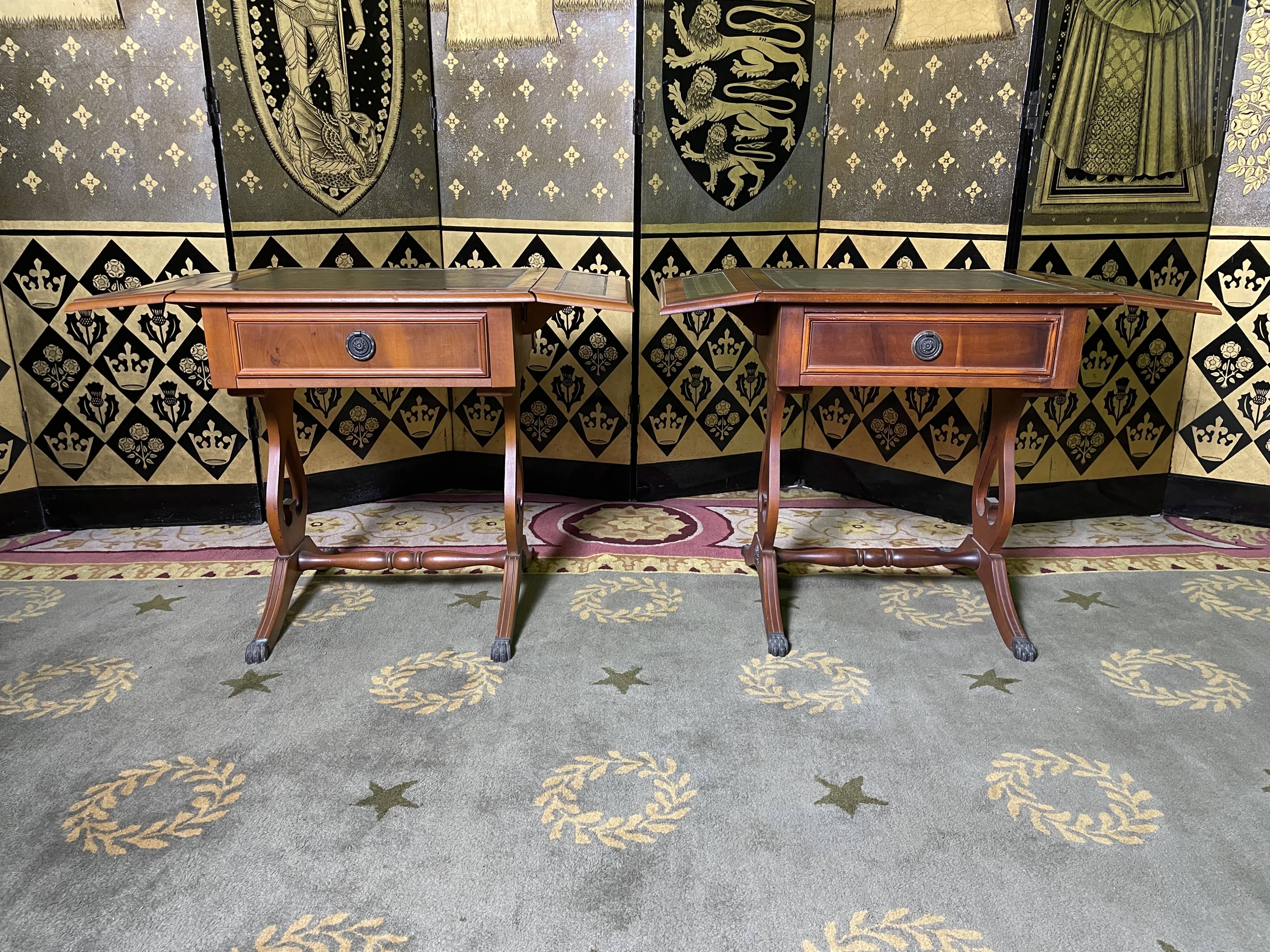 Pair of English style bedside tables in green leather