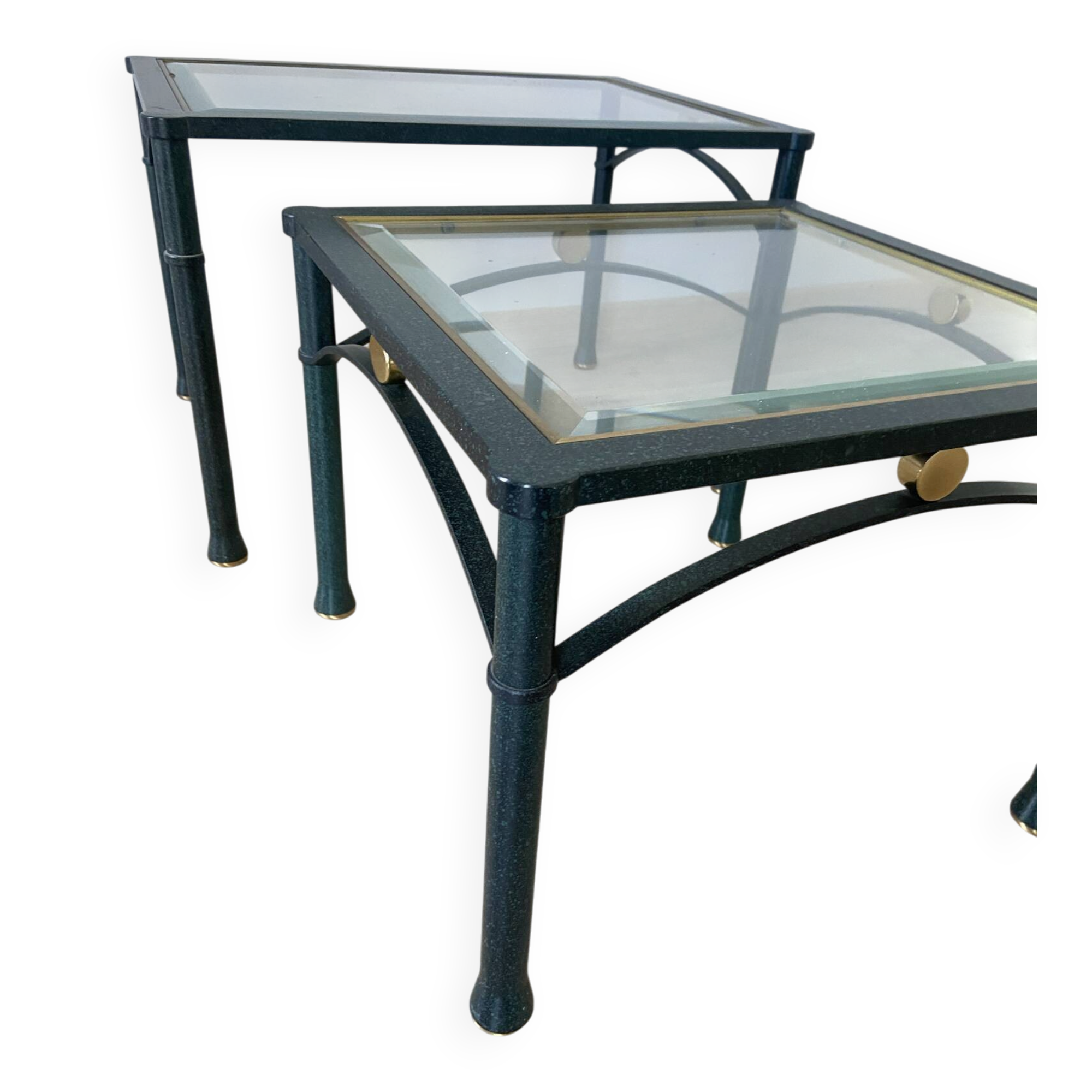 2 nesting tables from the 1960s in metal and bevelled glass.